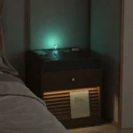 Smart nightstand with charging station and LED lights in a bedroom setting