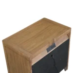 Modern light brown nightstand with power outlets and USB ports featuring two drawers and stainless steel handles