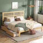 King size bed with storage drawers and rattan headboard - Goldoma modern farmhouse design