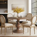 Modern 46 round walnut pedestal dining table by Goldoma, perfect for small dining rooms