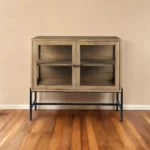 HMS 36" Modern Antique Traditional Sideboard Natural Solid Mango Wood Two Metal Glass Doors for Home Furniture for Living Room - Image 2