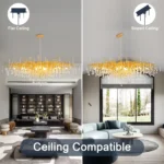 Modern crystal chandelier with brass and black finish illuminating a living room