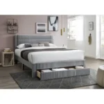 Goldoma queen storage bed with gray corduroy headboard and pine wood frame featuring under-bed drawers