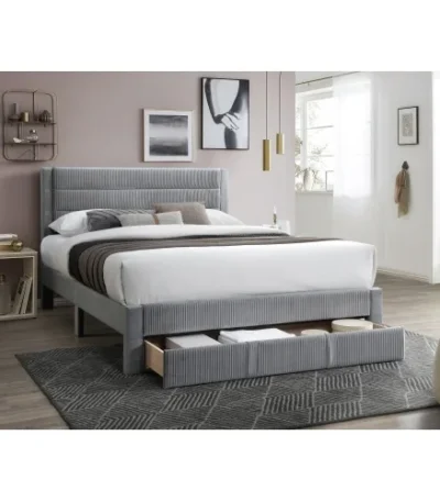 Goldoma queen storage bed with gray corduroy headboard and pine wood frame featuring under-bed drawers