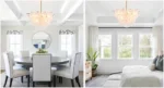 Vintage gold chandelier hanging over a dining table with warm glow