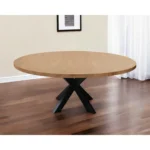 60 inch round dining table with natural wood top and black iron pedestal base - Goldoma rustic dining table