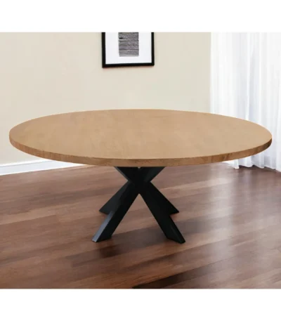 60 inch round dining table with natural wood top and black iron pedestal base - Goldoma rustic dining table