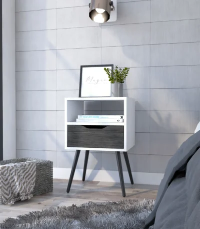 Modern living room nightstand with one drawer and one shelf in smokey oak and white finish