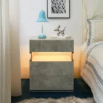 Gray 3 drawer nightstand with LED lighting and acrylic board top in a modern bedroom