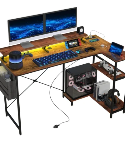 Reversible L-shaped Computer Desk With USB Type-C Socket LED Lights