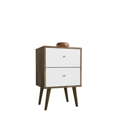 Mid century modern nightstand with 2 drawers in rustic brown and white finish for bedroom storage