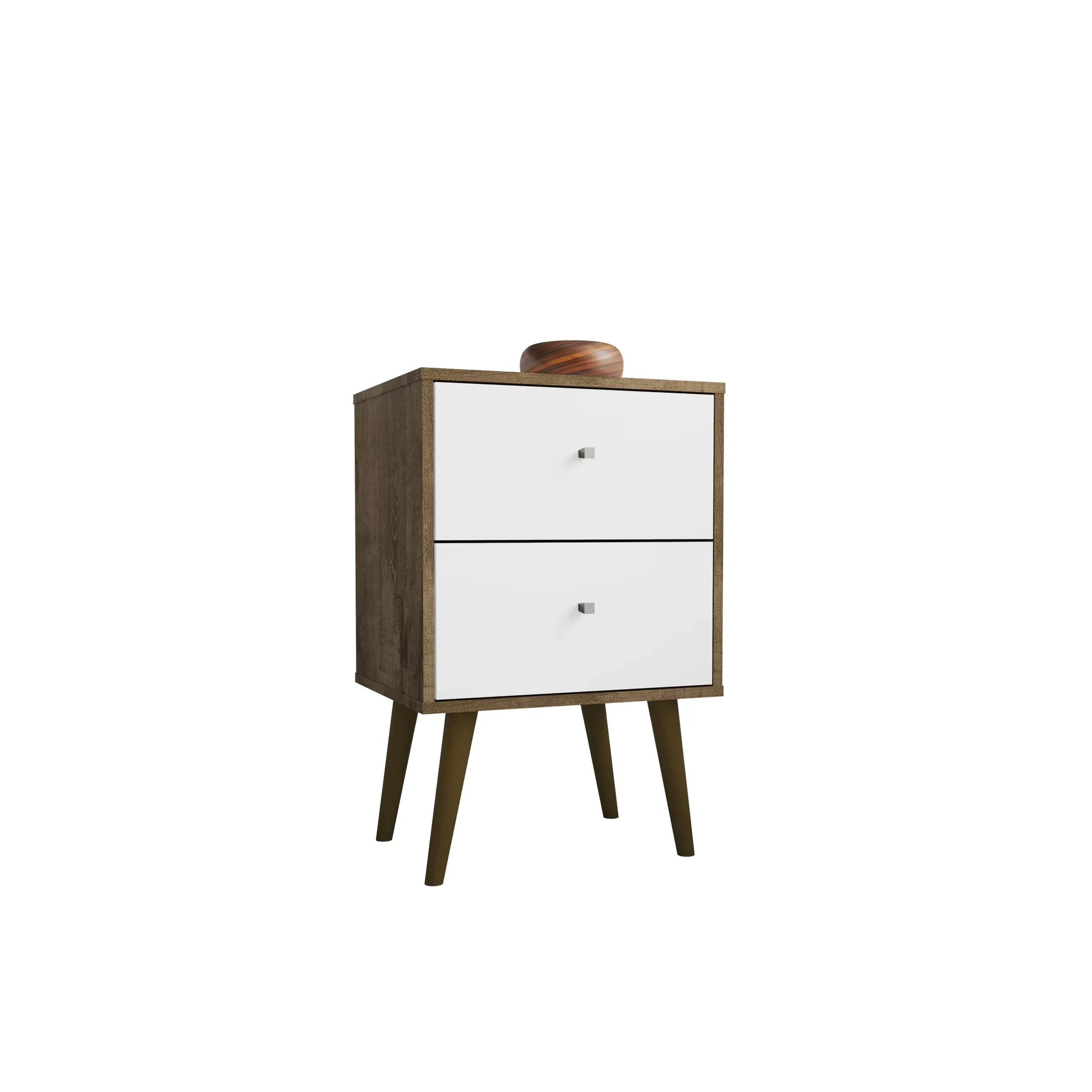 H5727b8180e494dbca03d9b04acaaf7d2n.webp Mid century modern nightstand with 2 drawers in rustic brown and white finish for bedroom storage