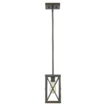 Geometric bronze pendant light viewed from below, revealing star-like pattern of metal arms.