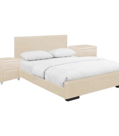 Goldoma white upholstered platform bed queen with storage nightstands and plush headboard in a modern bedroom