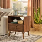 Mid century modern fluted nightstand with charging station, USB ports, and solid wood legs in walnut brown finish