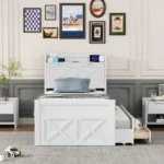 Goldoma twin storage bed with trundle, drawers, and built-in outlets in a modern bedroom
