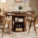 55-inch round dining table with lazy susan and double-tiered storage shelf in walnut finish