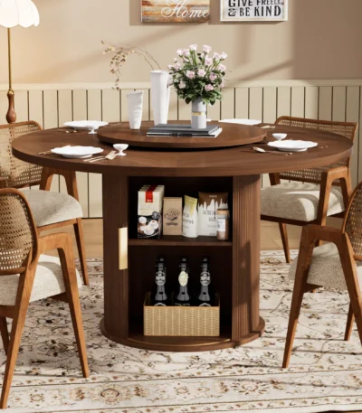 55-inch round dining table with lazy susan and double-tiered storage shelf in walnut finish