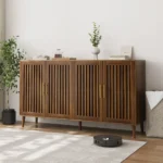 63 Inch Walnut Sideboard Buffet Cabinet With Storage ,Grille-Striped 4 Doors Sideboard - Image 3