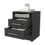 Modern black melamine nightstand with two drawers and shelf beside a bed in a bedroom