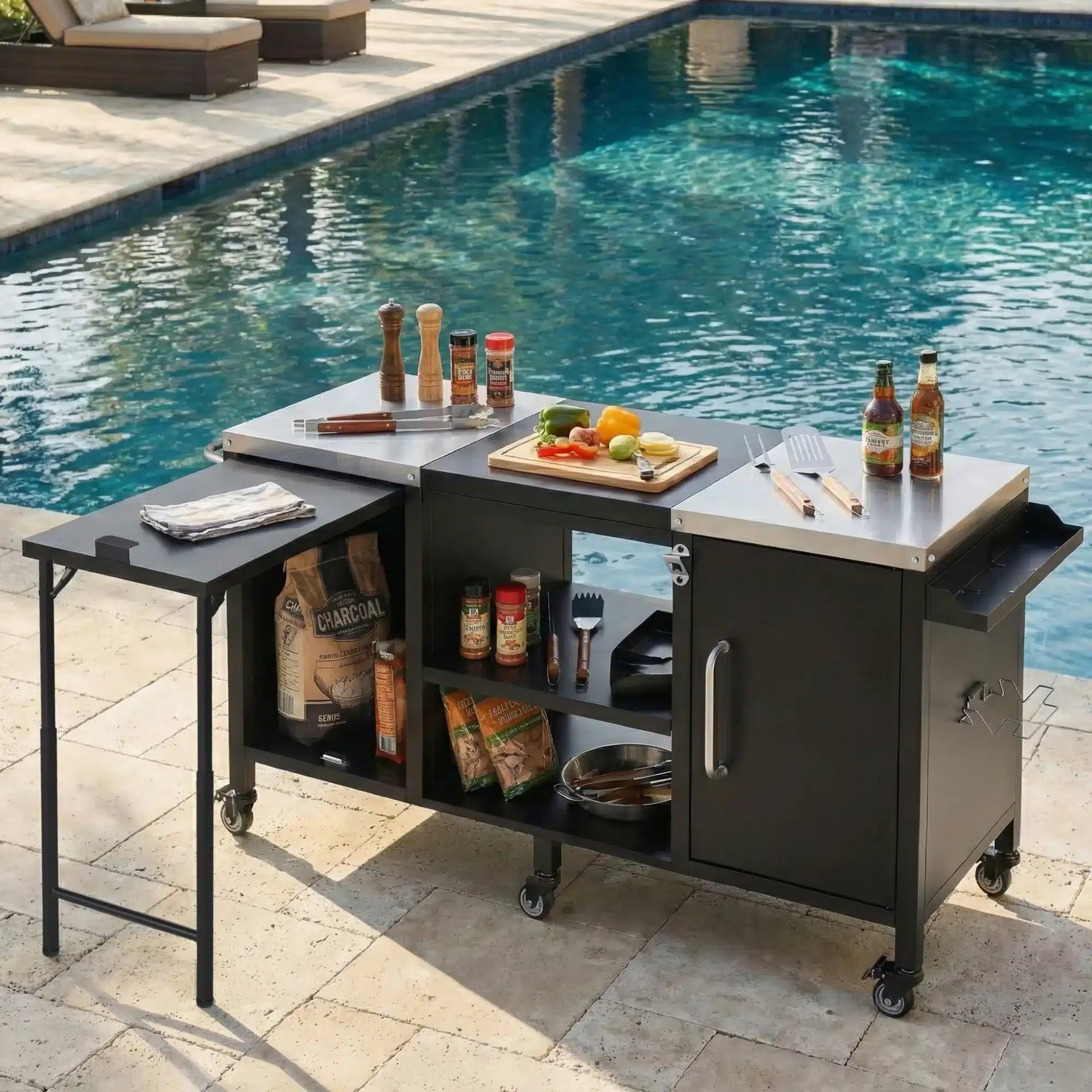 Modern Waterproof Portable Metal Outdoor Grill Cart Fold-out Prep Table Adjustable Shelves Spice Rack Outdoor Kitchen Island