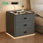 Modern smart nightstand with digital lock, Bluetooth speaker, and wireless charging pad - 3-drawer bedside table in bedroom setting