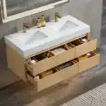 The 48-inch maple vanity from an angle, highlighting the sintered stone countertop and undermount sinks.