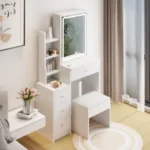 White 29.2 inch LED vanity table with sliding storage and cushioned stool in small bedroom
