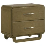 Modern 2-drawer nightstand in nutmeg wood finish with two drawers and stainless steel handles