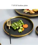 Gilt Rim Black Porcelain Dinner Plates Kitchen Dishes Ceramics Tableware Food Tray Rice Salad Noodles Bowl Cutlery Set