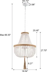 White Wood Beaded Farmhouse Tassel Chandelier, Boho Rustic Pendant Light for Bedroom Kitchen Island Dining Room – side view