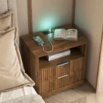 Wood nightstand with USB charging station and night light in bedroom setting