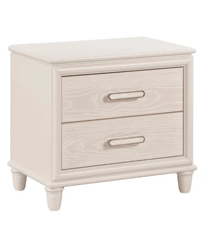 Modern Glam Two Drawer Nightstand with wooden storage and light beige lacquer finish