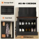 Goldoma 3-in-1 entryway storage bench with coat rack and shoe organizer in black wood grain finish
