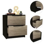 Wenge and pine nightstand – modern 2-drawer bedside storage cabinet in a bedroom setting