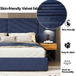 Queen size modern adjustable velvet bed frame with vertical channel tufted wingback headboard in a stylish bedroom setting