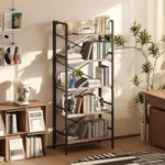 Wood Folding Bookshelf 5-Tier Foldable Shelf with X-Bracket Design Adjustable Feet Space-Saving Storage for Living Room