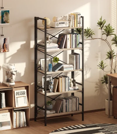 Wood Folding Bookshelf 5-Tier Foldable Shelf with X-Bracket Design Adjustable Feet Space-Saving Storage for Living Room