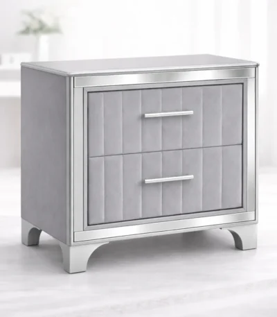 Contemporary acrylic nightstand with two drawers, gray upholstered finish, and silver metal legs – modern bedside table for bedroom storage