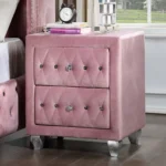 Pink velvet nightstand with two drawers and crystal knobs - modern luxury bedside table for bedroom
