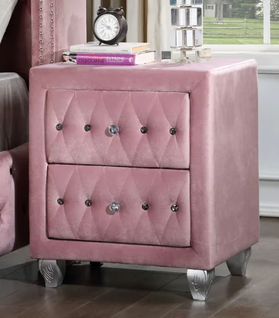 Pink velvet nightstand with two drawers and crystal knobs - modern luxury bedside table for bedroom