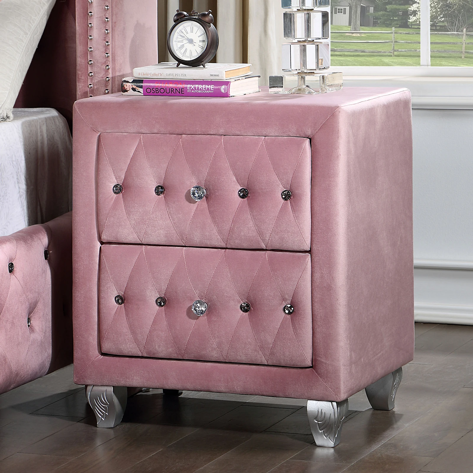 H58f16374dcae42ad863fd51a6d6ed25aL.webp Pink velvet nightstand with two drawers and crystal knobs - modern luxury bedside table for bedroom