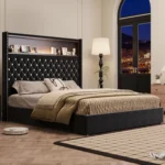 Queen size velvet tufted storage bed frame with 52-inch headboard, USB port and night light in a modern bedroom