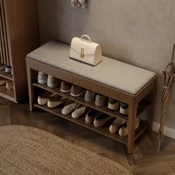 Goldoma Mid-Century Shoe Rack with Cushion and Hidden Drawer