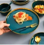 Green With Gold Inlay Quality Plates Full Set Luxury Steak Food Tray Ceramic Dinner Dish Salad Bowl Spoon Porcelain