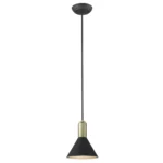 Close-up of the conical pendant light showing crystal details, matte black finish, and gold accents against a white