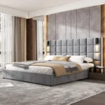 Goldoma California king upholstered bed frame with USB ports and wall sconces in gray velvet