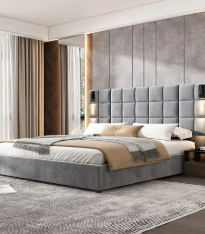 Goldoma California king upholstered bed frame with USB ports and wall sconces in gray velvet