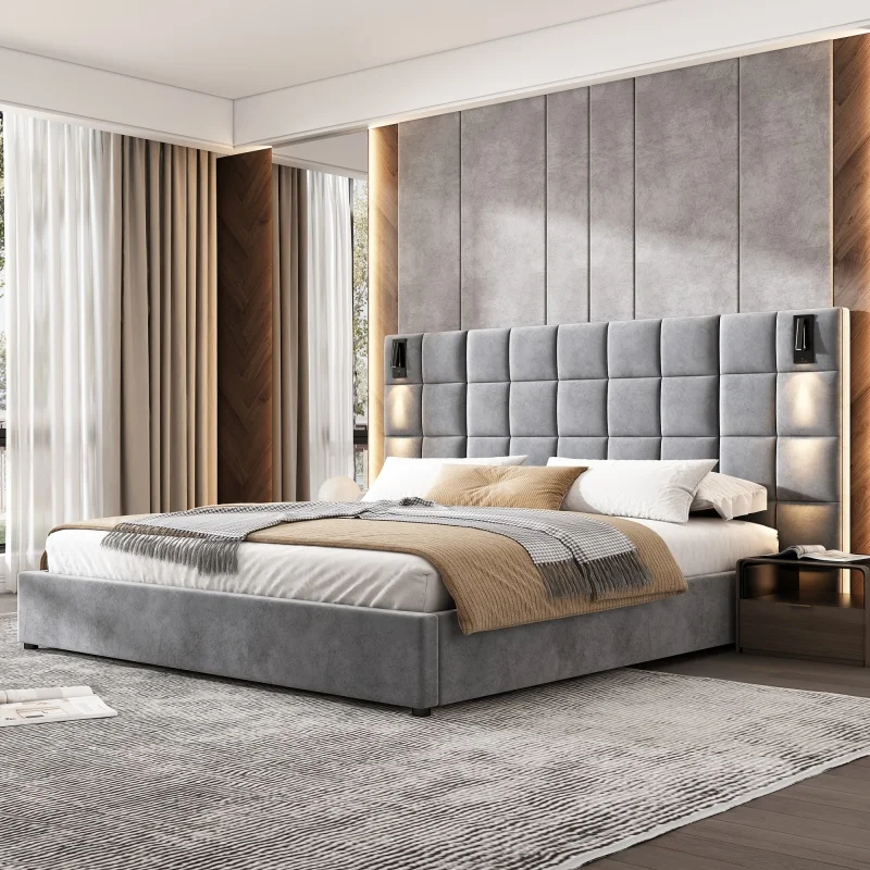 H597b87dac2804bb9ae31c3e0c9d71144e.webp Goldoma California king upholstered bed frame with USB ports and wall sconces in gray velvet