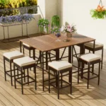 10-Piece Modern Acacia Wood PE Rattan Wicker Outdoor Dining Set Foldable Tabletop 8 Stools Eco-Friendly Durable All-Weather
